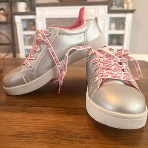 Juicy Couture silver and pink sneakers featuring branded laces Girls Size 4